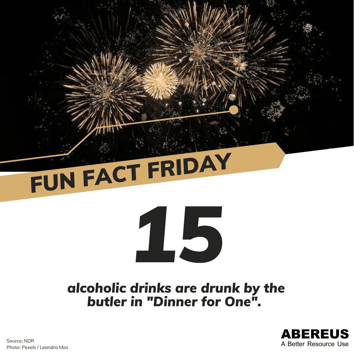 Auf dem Bild ist oben ein Feuerwerk zu erkennen und darunter steht, dass bei Dinner for One 15 verschiedene Drinks um Butler getrunken wurden. Das Stück ist ein Sylvester Klassiker und wir wünschen einen guten Rutsch.