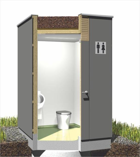 Das Toilettenhaus PANEEL: Moderne Paneeloptik in graun mit einer grauen Türe.