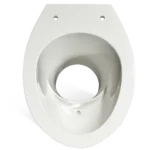 Eine Draufsicht der weißen Toilettenschüssel TTC MINERAL (Trockentrenntoilette) ohne Sitz und Deckel, die ihre Kontur und glatte Oberfläche mit zwei Befestigungslöchern an der Oberseite zeigt. Man kann die Trennung der Ausscheidungen erkennen. Im oberen Bereich ist das große Loch für die Feststoffe und im vorderen Bereich ist ein kleines Loch in einer Absenke für den Urin.