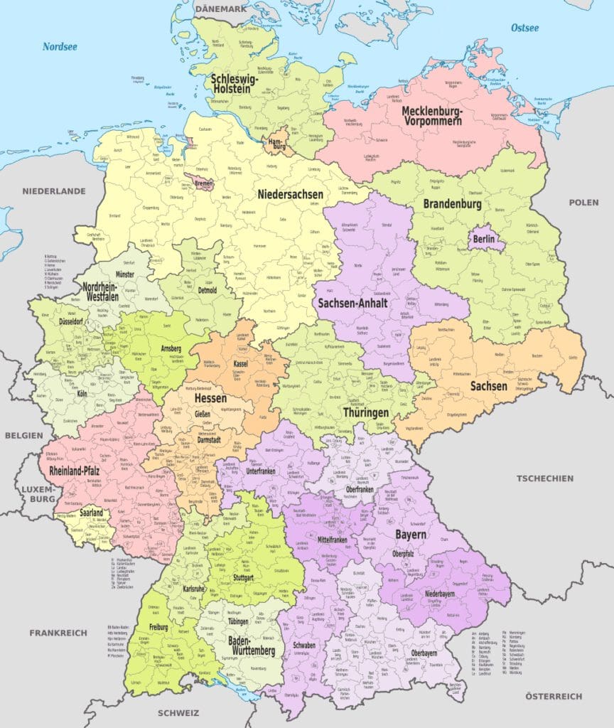 Die Deutschlandkarte mit ihren Bundesländern und deren Landkreisen. Achtung keine LEADER-Kreise.