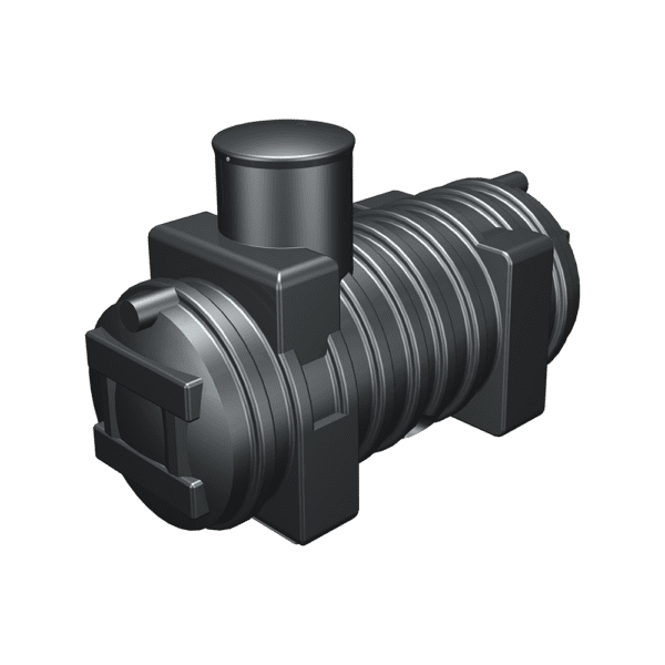 EIn Abwassererdtank mit DIBT-Zulassung in schwarz mit einer DN500 Öffnung in braun auf der Oberseite. Der Tank ist rund und hat zwei Fußbereiche in der Mitte. Auf der einen Längsseite ist der Deckel. Die andere hat nichts.