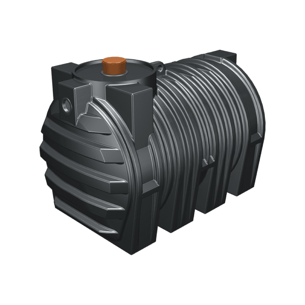 EIn Abwassererdtank mit DIBT-Zulassung in schwarz mit einer DN200 Öffnung in braun auf der Oberseite. Der Tank ist rund und hat vier Fußbereiche in der Mitte. Auf der einen Längsseite ist der Deckel. Die andere hat nichts.