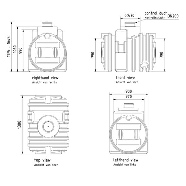 Vier Zeichnungen von vier unterschiedlichen Seite des Tanks mit all den unterschiedlichen Maßen, wobei hier je ein Zeichnung von den kurzen Seite ist, eine von der lange Seite und eine von oben
