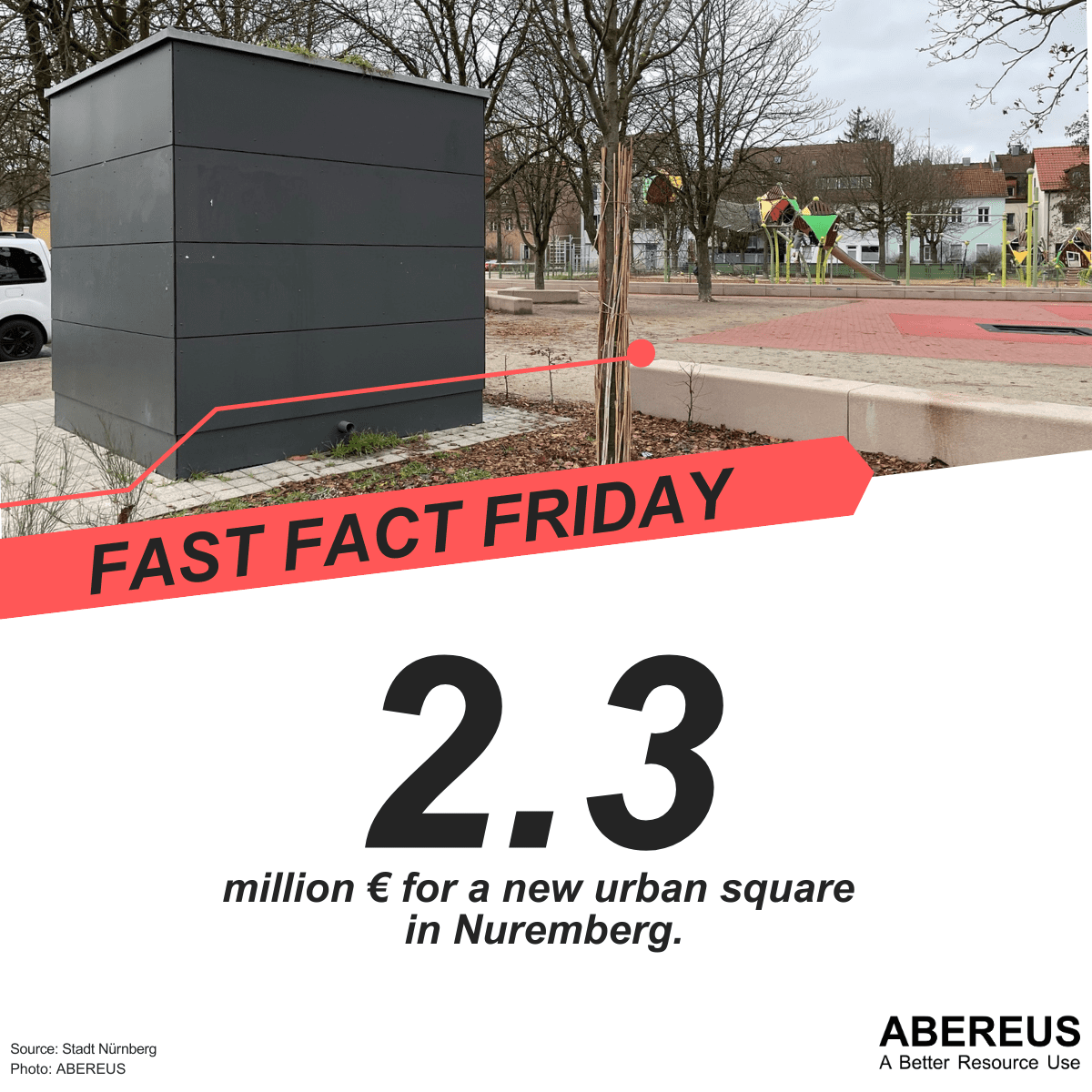 The photo shows the new urban square in Nuremberg and our toilet building from the back. A playground and trees during a day in winter. No person is on the photo.