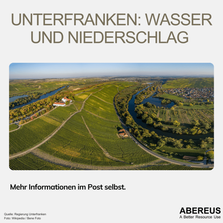 Ein Blick über die Mainschleife bei Volkach mit den Weinbergen im Vordergrund. Unterfranken benötigt viel Wasser und hat wenig Niederschlag