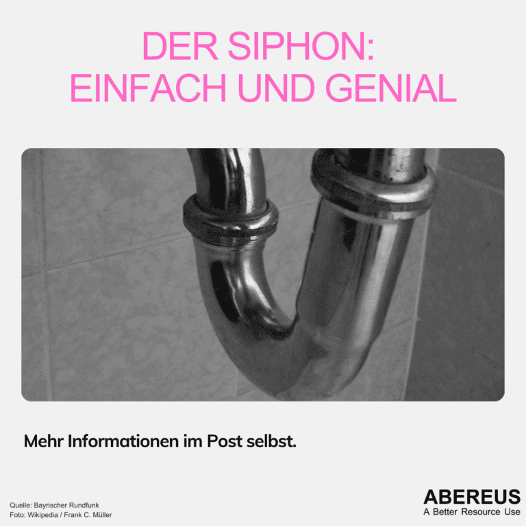 Auf dem schwarz-weiß Foto ist ein Siphon aus Edelstahl abgebildet. Im Hintergrund sieht man eine helle Wand.