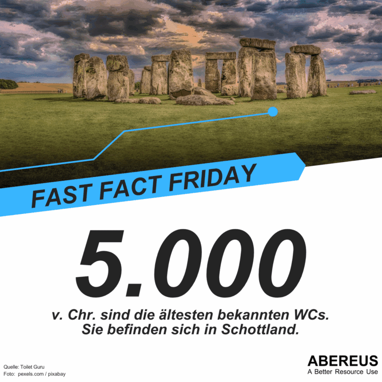Auf dem Foto ist Stonehenge, der Steinkreis, abgebildet. Davor ist saftiges, grünes Gras. Darunter steht "5000 v. Chr. sind die ältesten bekannten WCs. Sie befinden sich in Schottland."