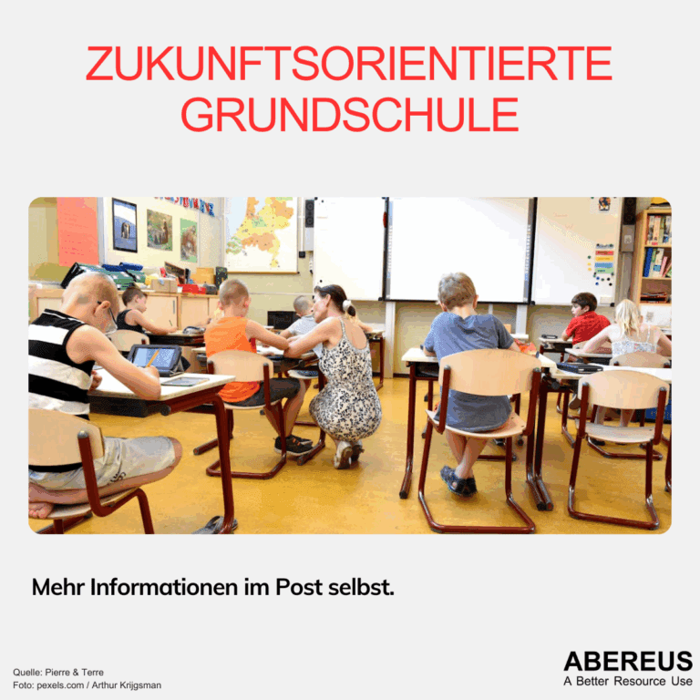 Zukunftsorientierte Grundschule steht über einem Foto von Kindern, die in einem Klassenzimmer sitzen und lernen. Sie schreiben, haben aber auch Bildschirme auf ihren Plätzen.