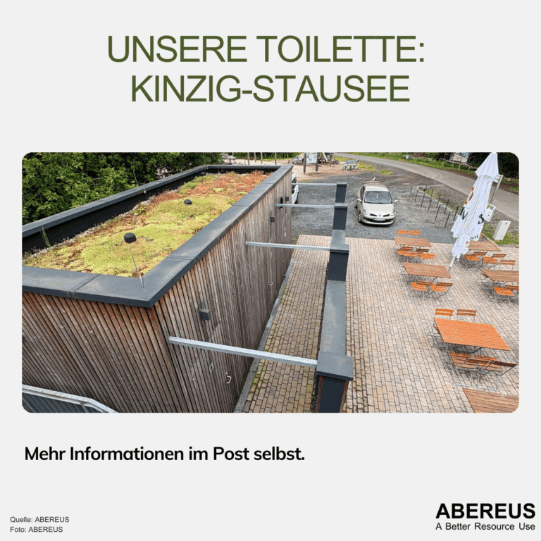 Auf dem Foto ist die Toilettenanlage am Kinzigstausee von schräg oben zu erkennen. Rechts daneben sind aufgestellte Biergartengarnituren und Schirme. Im Hintergrund erkennt man noch einen Kinderspielplatz und ein Auto auf einem Parkplatz.
