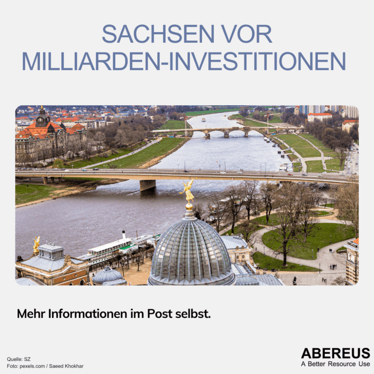 Auf dem Bild ist die sächsische Landeshauptstadt Dresden zu erkennen. Die Elbe mit zwei Brücken fließt durch die Mitte des Bildes und man erkennt verschiedene Wahrzeichen der Stadt