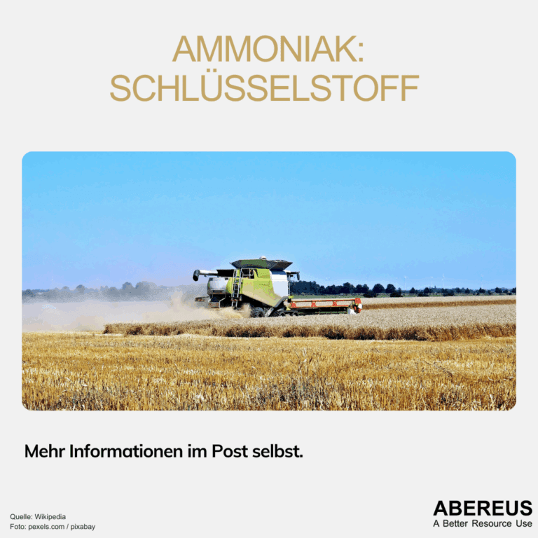 Auf dem Foto ist ein Mähdrescher unter blauem Himmel auf einem Feld unterwegs und verrichtet seine Arbeit. Im Hintergrund erkennt man Wälder und Windkraftanlagen.