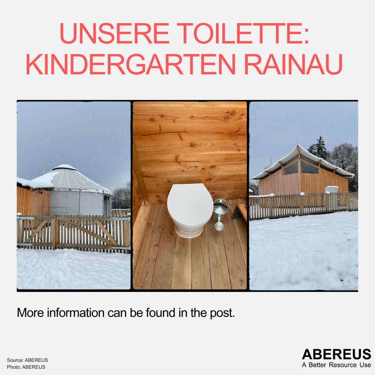 Auf dem Bild sind drei Fotos von unserer Toilettenanlage im Jurtenkindergarten Rainau. Auf den äußeren Bildern sieht man die Jurte und den Anbau in einer schneebedeckten Landschaft. Im mittleren Bild ist unser Toilettenstuhl.