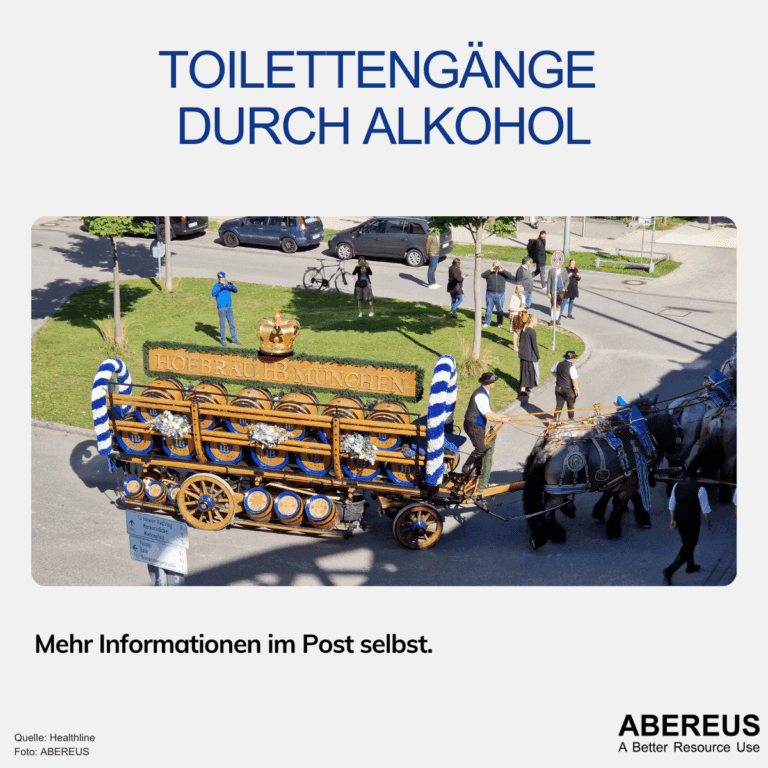 Auf dem Bild ist eine schöngeschmückte Kutsche vom HB München mit Pferden und einigen Touristen, die Fotos machen. Darüber steht Toilettengänge durch Alkohol