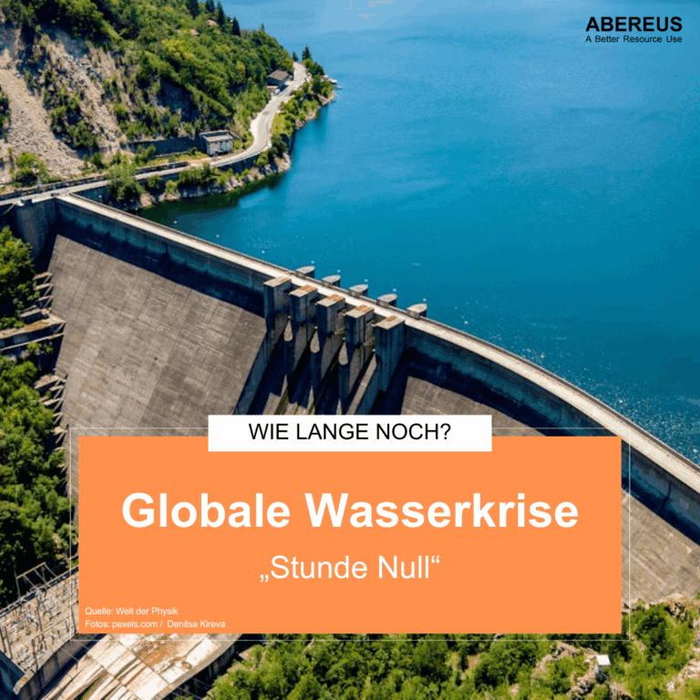 Auf dem Bild ist ein Staudamm zu sehen, welche noch voll blauem Wasser ist. Darunter steht Globale Wasserkrise "Stunde Null".