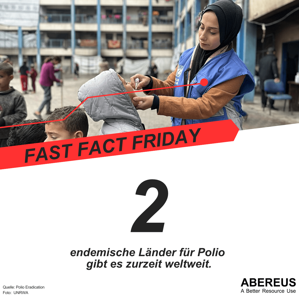 Das Bild zeigt eine Frau mit Kopftuch, die einem Kind eine Schluckimpfung verabreicht. Darunter steht, dass es noch 2 endemische Länder für Polio zurzeit weltweit gibt.