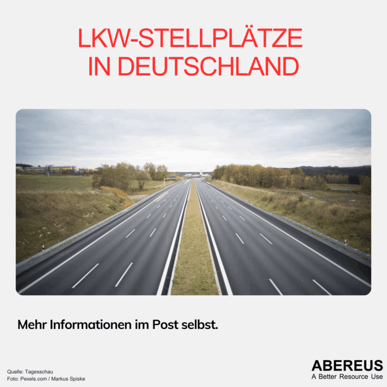 Auf dem Bild steht oben LKW-Stellplätze in Deutschland in Rot. Darunter ist eine leere Autobahn mit jeweils 3 Fahrstreifen. Außenherum ist es grün.