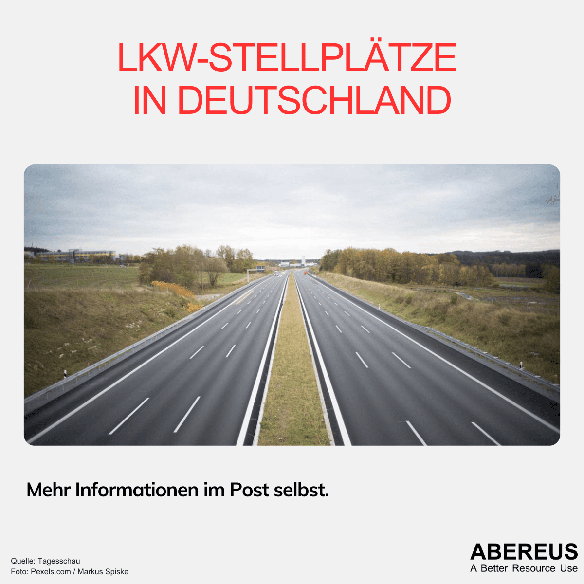 Auf dem Bild steht oben LKW-Stellplätze in Deutschland in Rot. Darunter ist eine leere Autobahn mit jeweils 3 Fahrstreifen. Außenherum ist es grün.