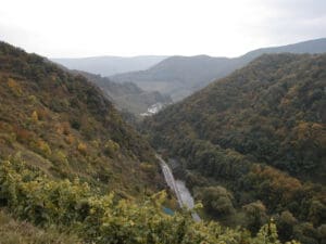 Auf dem Bild ist das Mittelahrtal zu sehen. Es sind viele Bäume auf den Bergen und ein steiler Abgang ist Tal zu sehen. Im Tal führt eine Straße und die Ahr entlang.