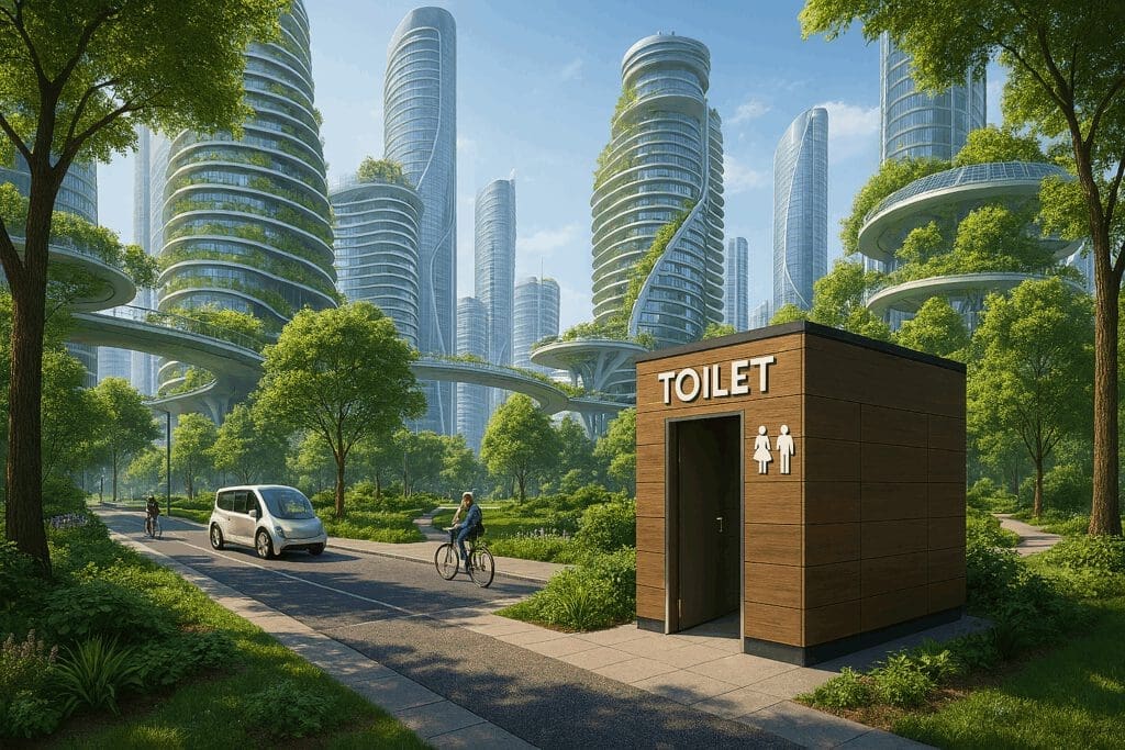 Auf dem KI-generierten Foto ist eine Stadt der Zukunft abgebildet. Mit viel Grün, auf den Hochhäusern und einem großen Park. Im Vordergrund ist eine öffentliche Toilette im Park.