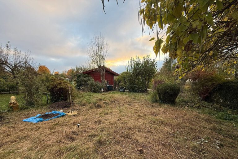 Auf dem Foto ist ein rotes Haus im Hintergrund zu erkennen. Im Vordergrund ist eine gemähte Wiese eines Schrebergartens. Die Sonne geht gerade unter.