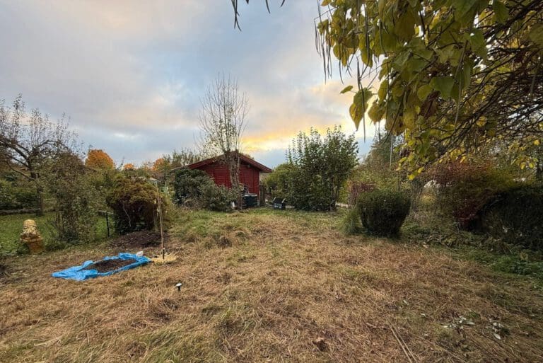 Auf dem Foto ist ein rotes Haus im Hintergrund zu erkennen. Im Vordergrund ist eine gemähte Wiese eines Schrebergartens. Die Sonne geht gerade unter.