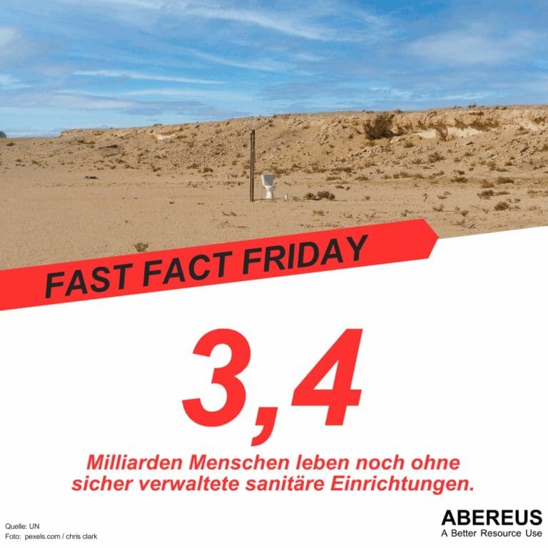 Auf dem Bild ist ein Foto mit einer Toilette in der Wüste und darunter steht, dass 3.4 Milliarden Menschen immer noch ohne sicher verwaltete sanitäre Einrichtungen leben.