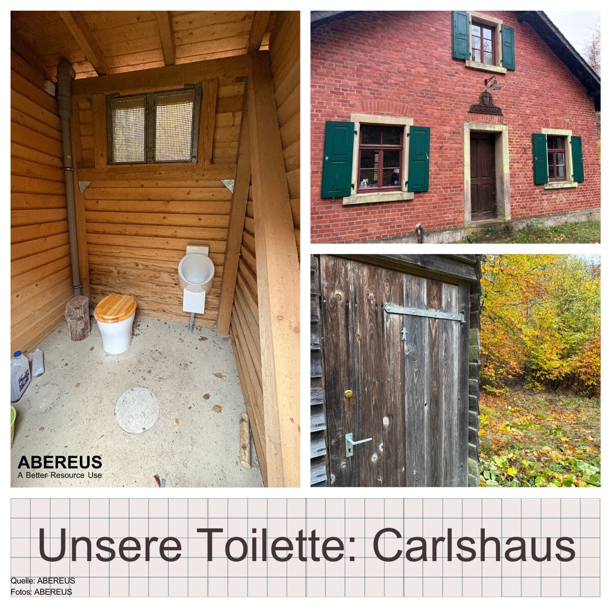 Das Bild besteht aus drei Fotos. Eine Foto zeigt unsere Toilette von innen mit einem Toilettenstuhl und Urinal. Daneben ist ein Bild von dem roten Carlshaus von außen und dem Toilettenhaus von außen.