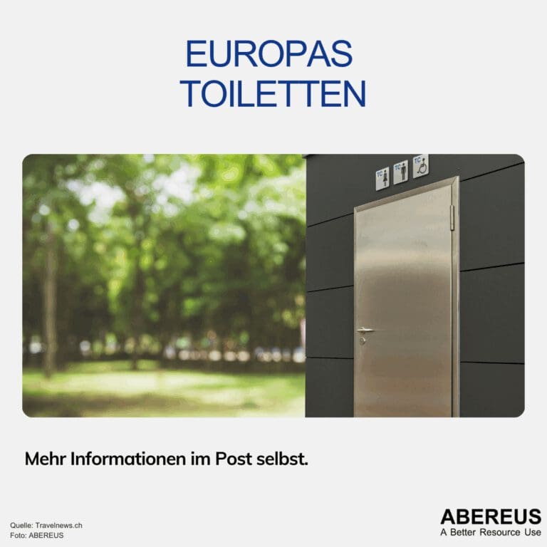 Auf dem Bild steht oben Europas Toiletten. Darunter ist ein Foto von einer öffentlichen Toilette in einem Park.