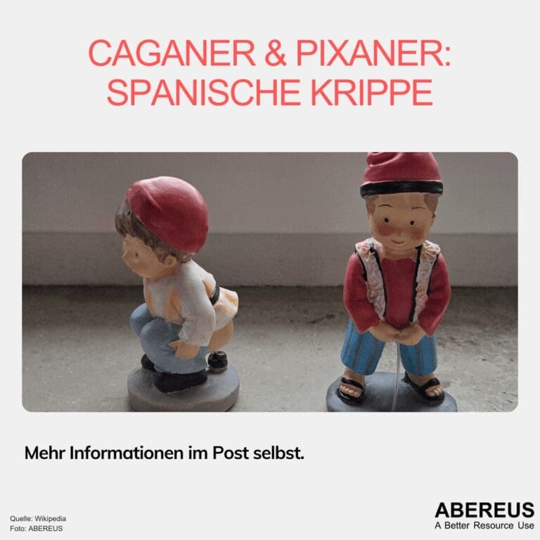 Caganer & Pixaner: Spanische Krippe ist die Überschrift dieses Bildes. Darunter ist ein Foto von zwei Figuren, die eine macht ein großes und die andere ein kleines Geschäft.