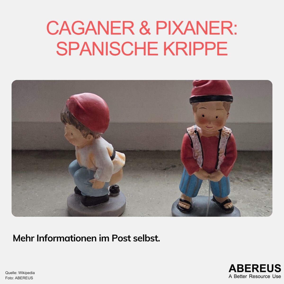 Caganer & Pixaner: Spanische Krippe ist die Überschrift dieses Bildes. Darunter ist ein Foto von zwei Figuren, die eine macht ein großes und die andere ein kleines Geschäft.