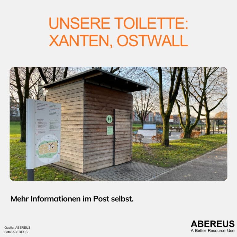 Auf dem Bild ist "Unsere Toilette: Xanten, Ostwall" zu sehen. Dahinter ist ein Spielplatz und eine Skateanlage und Park außenherum. In der Ferne sieht man die Häuser von Xanten.