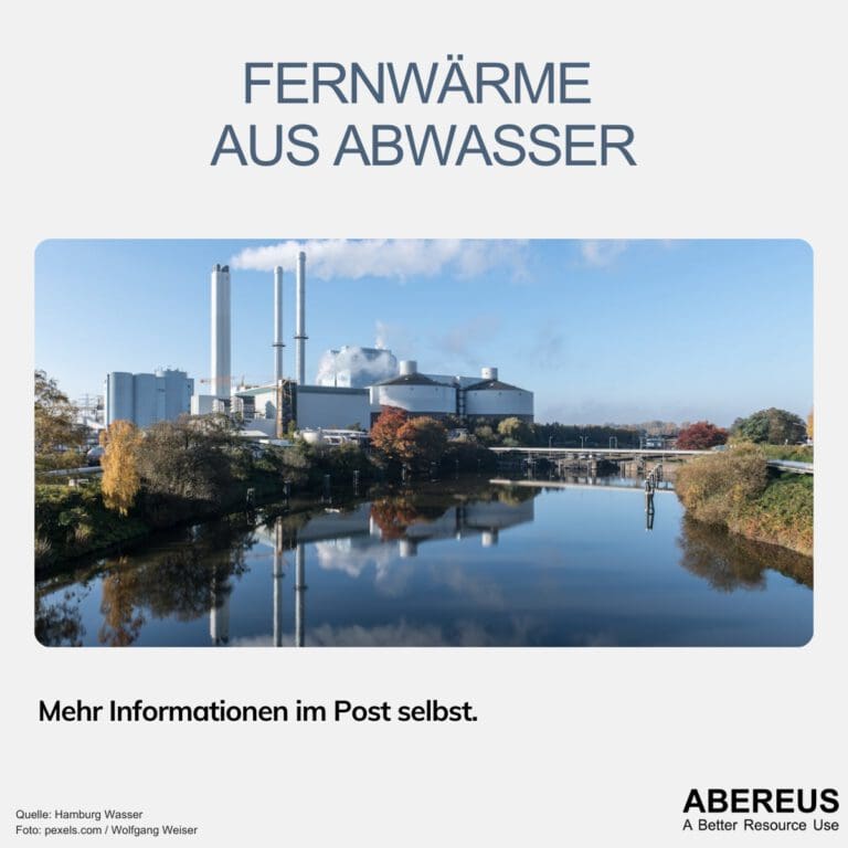Auf dem Bild steht oben "Fernwärme aus Abwasser". Darunter ist ein Foto von einem Fluss und einem Kraftwerk im Hintergrund. Der blaue Himmel spiegelt sich im Fluss und große Leitungen laufen vom Kraftwerk über den Fluss und an diesem entlang.