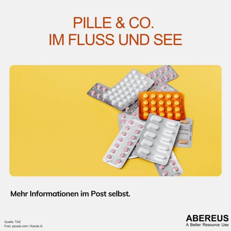 Auf dem Bild steht oben Pille & Co. im Fluss und See. Darunter ist ein Foto mit gelbem Hintergrund und einigen verschiedenen Blistern von Arzneimitteln.