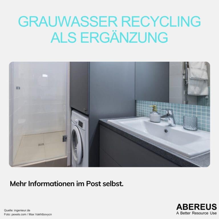 Auf dem Bild steht Grauwasserrecycling als Ergänzung. Darunter ist ein Foto eines klassischen kleinen Badzimmers mit Dusche, Waschmaschine und Waschbecken sowie einem Schrankelement.