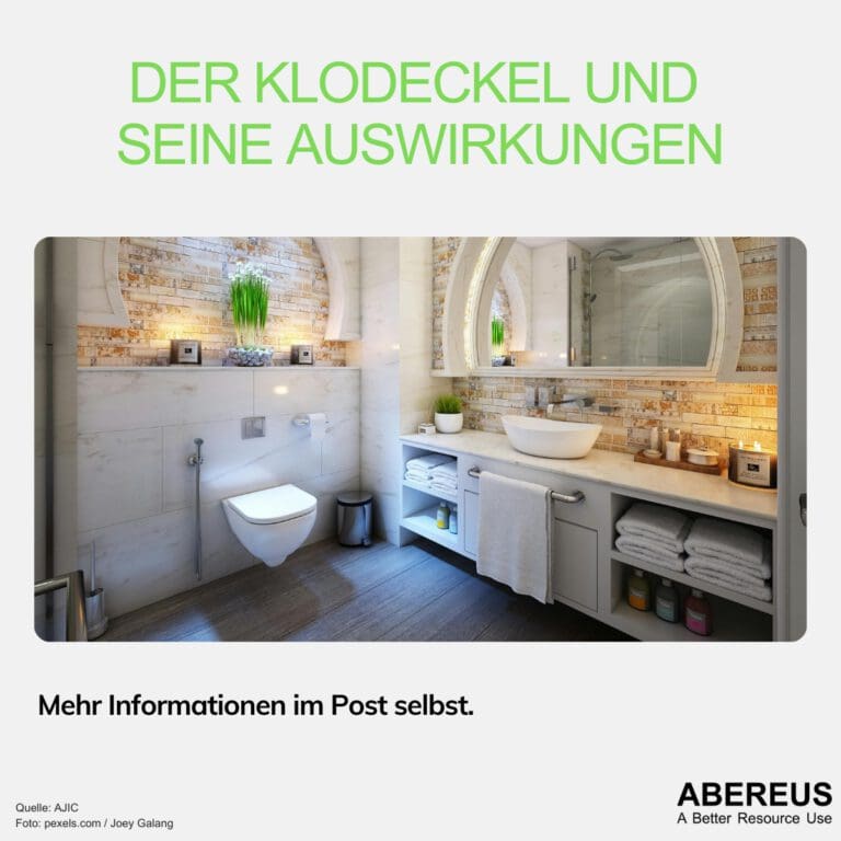 Auf dem Bild steht der Klodeckel und seine Auswirkungen. Darunter ist ein Foto von einem großen in weißgehaltenem Badezimmer mit Toilette, Waschbecken und Handtüchern.
