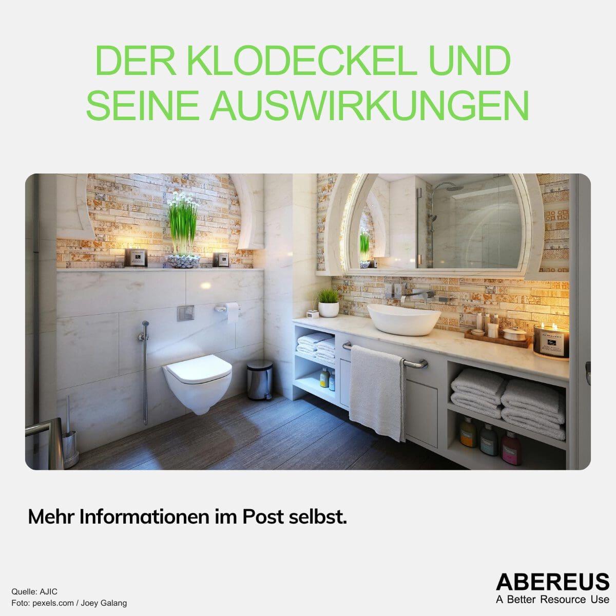 Auf dem Bild steht der Klodeckel und seine Auswirkungen. Darunter ist ein Foto von einem großen in weißgehaltenem Badezimmer mit Toilette, Waschbecken und Handtüchern.