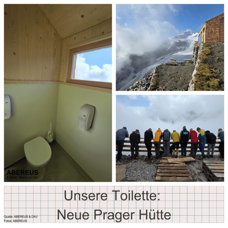 Auf dem Bild sind drei Fotos. Sie zeigen zum einen die Toilette von innen, die Hütte in den Bergen von außen und viele Männer, die nach untenschauen an einem Geländer. Darunter steht "Unsere Toilette: Neue Prager Hütte".