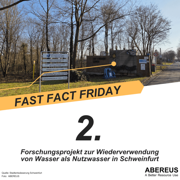Auf dem Bild ist ein Foto mit dem Eingang einer Kläranlage zu erkennen. Man sieht im Hintergrund die Faultürme und ein Gewächshaus. Davor sind Bäume und ein Schild Stadtentwässerung Schweinfurt sowie TUM. Darunter steht 2. Forschungsprojekt zur Wiederverwendung von Nutzwasser in Schweinfurt.