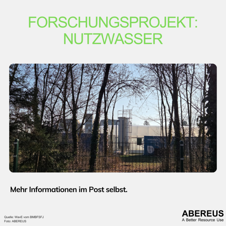 Auf dem Bild steht Forschungsprojekt: Nutzwasser, darunter ist ein Foto eines Klärwerks und Gewächshauses mit Bäumen und Sträuchern im Vordergrund.
