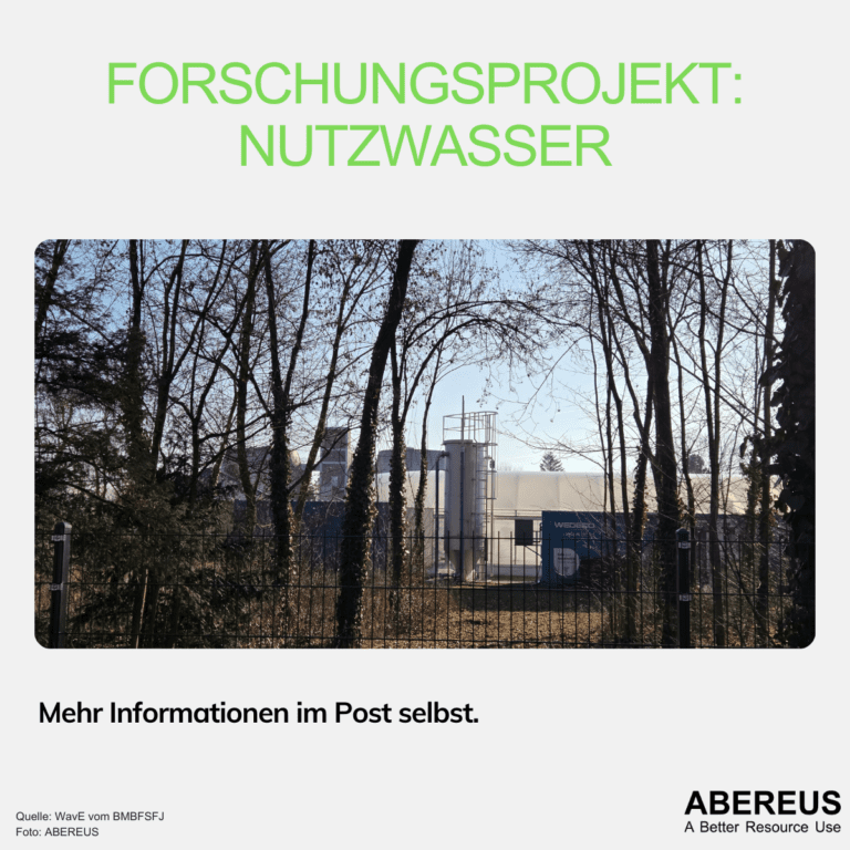 Auf dem Bild steht Forschungsprojekt: Nutzwasser, darunter ist ein Foto eines Klärwerks und Gewächshauses mit Bäumen und Sträuchern im Vordergrund.
