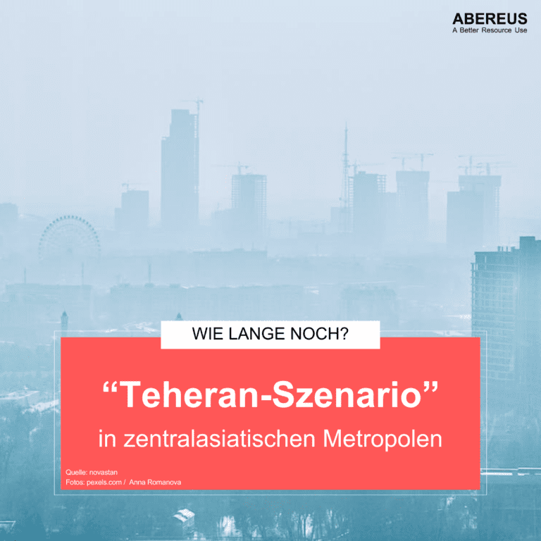 Auf dem Bild ist ein Foto von Taschkent im Smog. Darunter steht das "Teheran-Szenario" in zentralasiatischen Metropolen