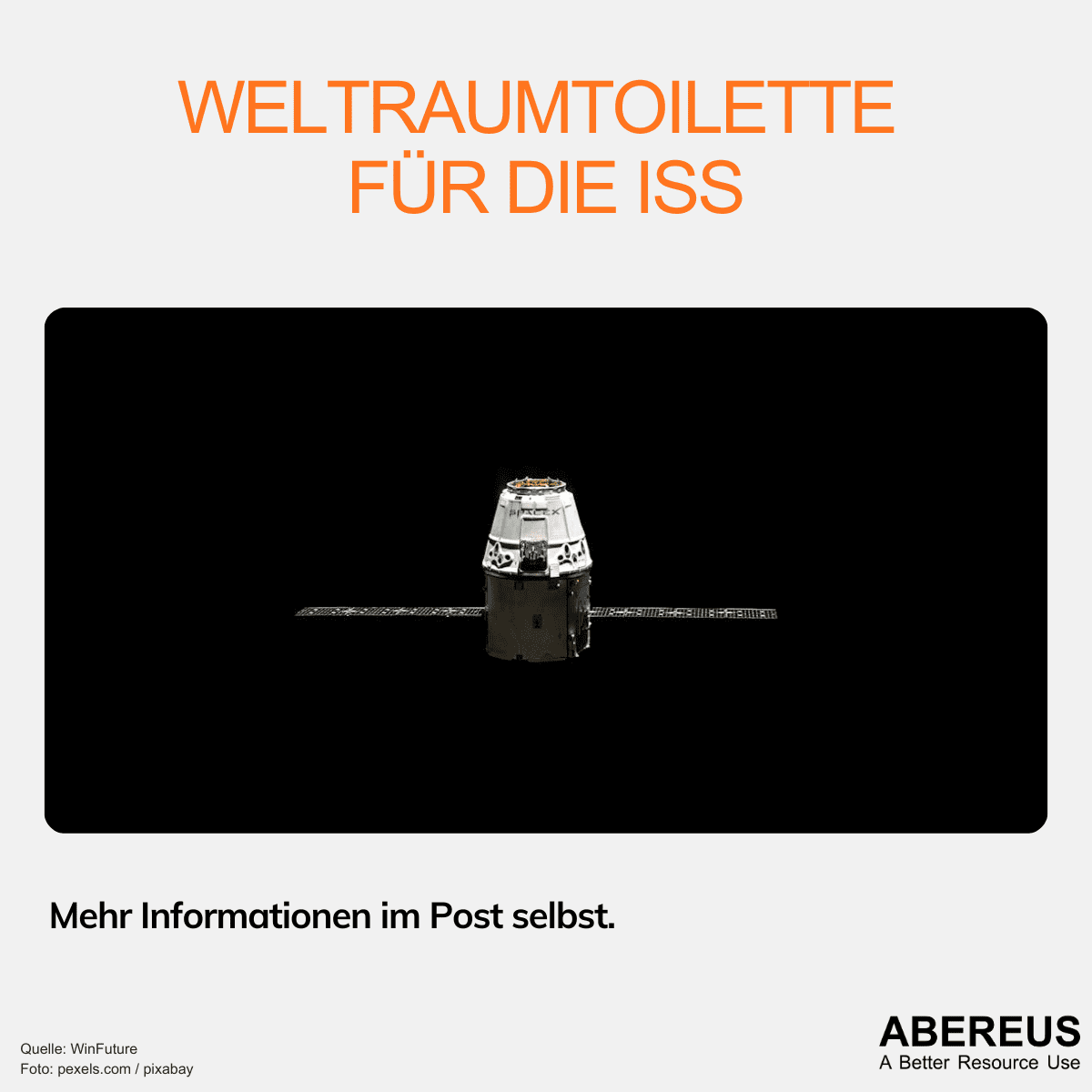 Auf dem Bild steht Weltraumtoilette für die ISS, darunter ist ein Modul bzw. eine Rakette im All.