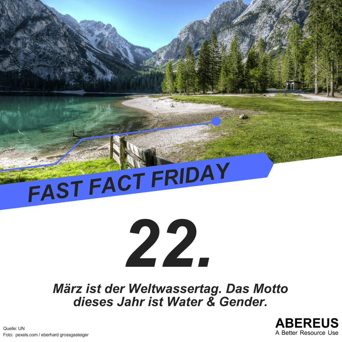 Auf dem Bild steht, dass am 22. März der Weltwassertag ist. Das Motto dieses Jahr ist Water und Gender. Darüber ist ein Foto von einem Bergsee in den Alpen mit Nadelbäumen und einer Wiese auf der rechten Seite.