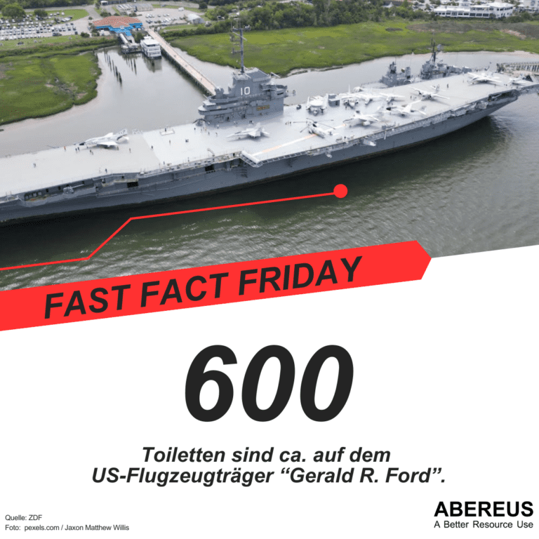 Auf dem Bild ist das Foto eines Flugzeugträgers in einem Dock bzw. Hafen. Darunter steht, dass ein US-Flugzeugträger ca. 600 Toiletten hat.