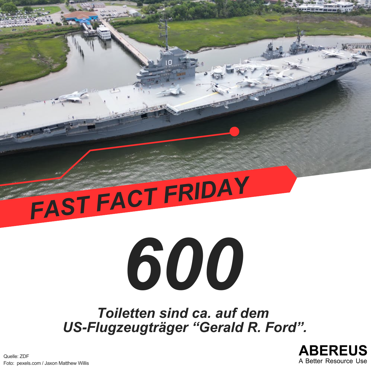 Auf dem Bild ist das Foto eines Flugzeugträgers in einem Dock bzw. Hafen. Darunter steht, dass ein US-Flugzeugträger ca. 600 Toiletten hat.