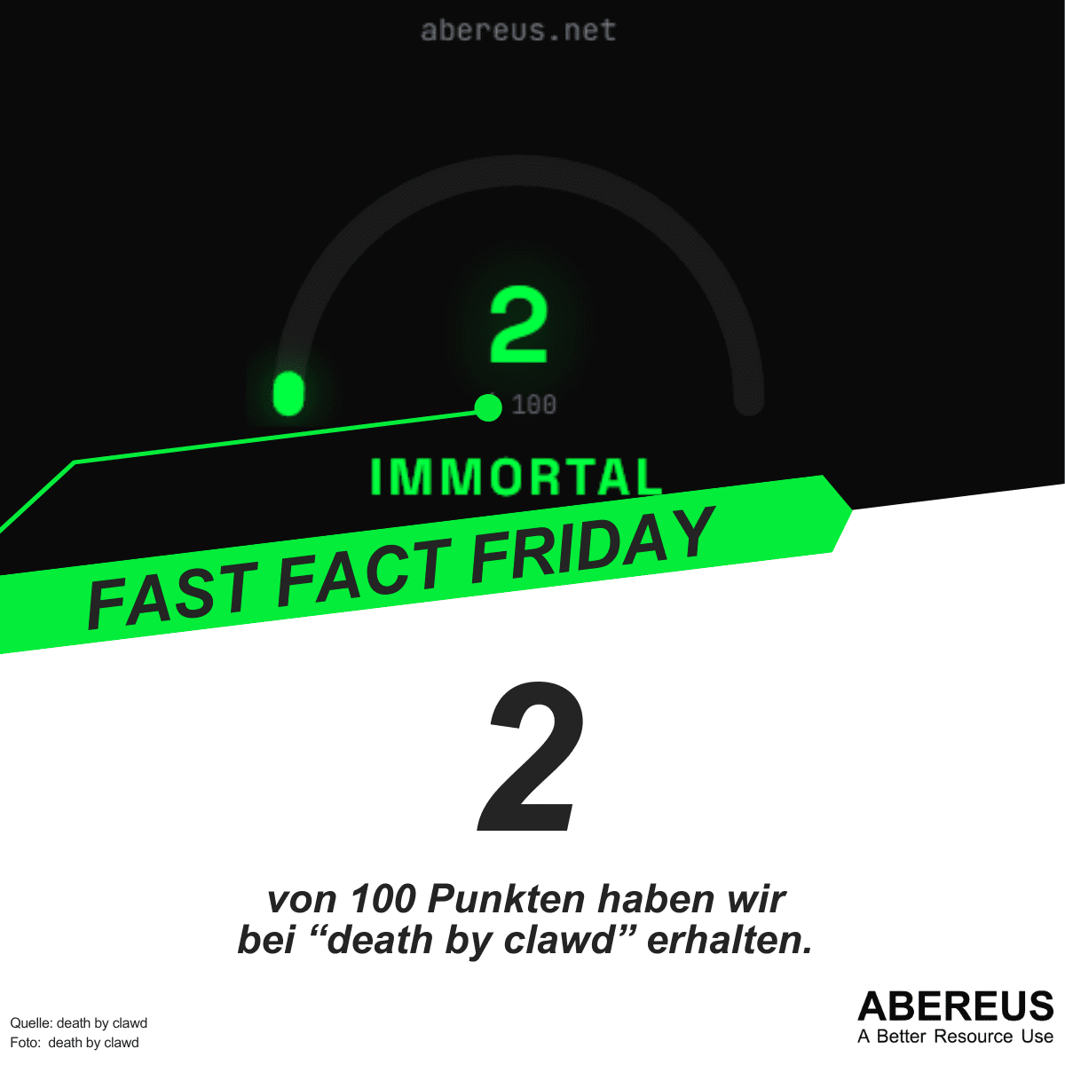 Auf dem Bild ist ein Screenshot mit 2 von 100 zu erkennen. Darunter steht IMMORTAL. Darunter steht noch, dass wir diese Punktzahl bei "death by clawd" erhalten haben.