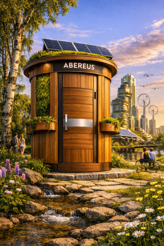 Auf dem KI-generierten Bild ist eine ABEREUS Toilette in einer Parkanlage. Im Hintergrund ist die Stadt der Zukunft mit viel Grün, Windkraft und Drohnen.