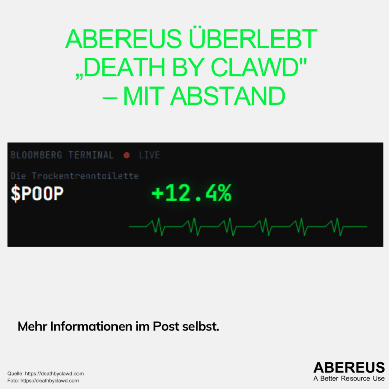 ABEREUS überlebt „death by clawd" – mit Abstand steht in der Überschrift. Darunter ist ein Bild von einem Plusschlag und dem Stockkürzel $Poop.