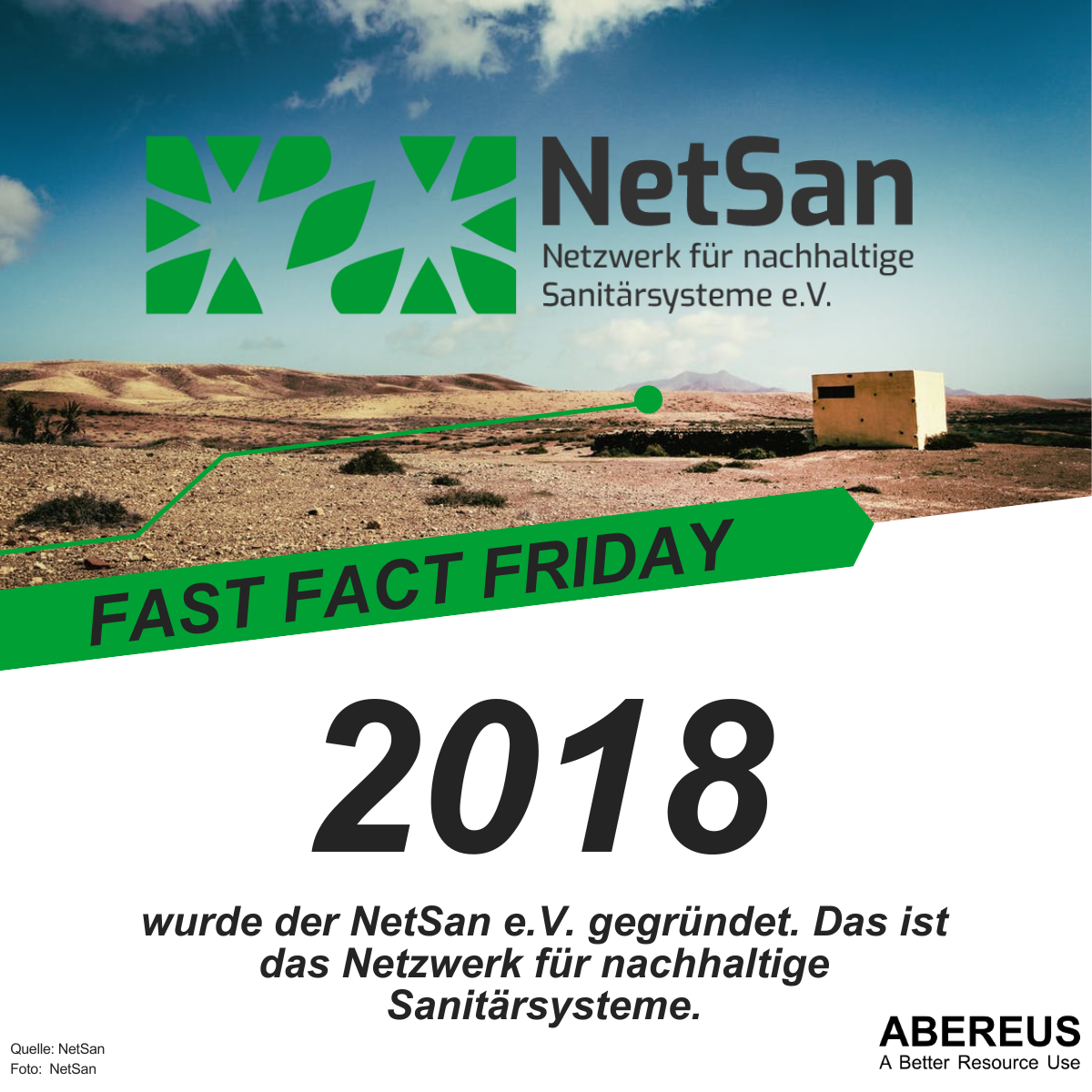 Auf dem Bild ist ein Foto von einem Haus in einer trockenen Region. Darinnern ist ein Logo von mit dem Schriftzug NetSan - Netzwerk für nachhaltige Sanitärsysteme. Darunter steht noch, dass es 2018 gegründet wurde.