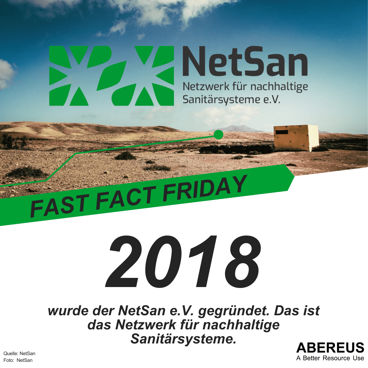 Auf dem Bild ist ein Foto von einem Haus in einer trockenen Region. Darinnern ist ein Logo von mit dem Schriftzug NetSan - Netzwerk für nachhaltige Sanitärsysteme. Darunter steht noch, dass es 2018 gegründet wurde.